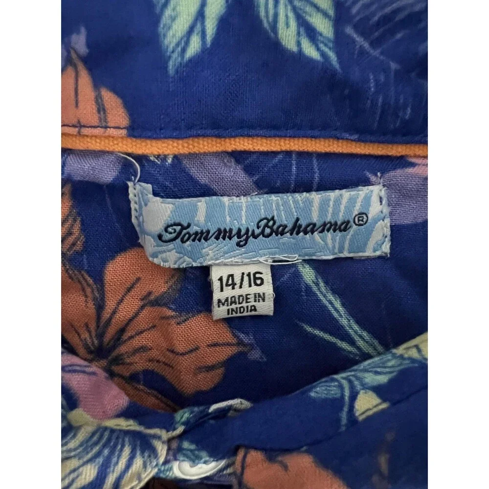 Tommy Bahama Kids Hawaiian Shirt Parrot Floral Blue Youth 14 16